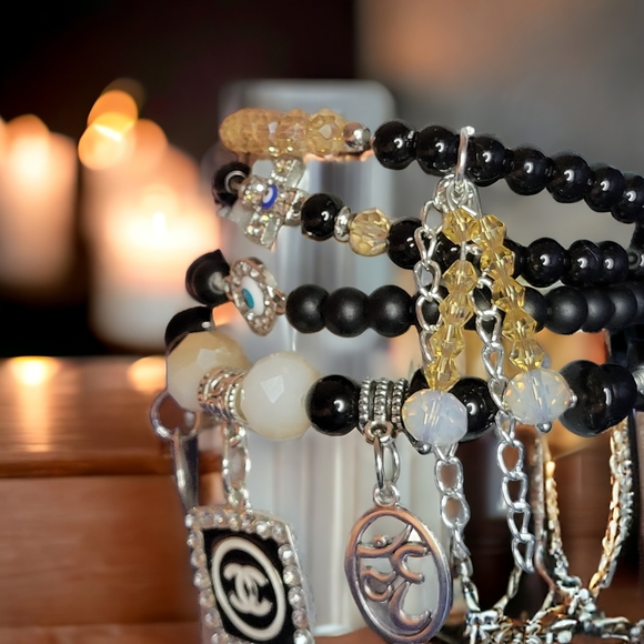 Black CC Crystal Namaste Charmed bracelets Set - Picture 6 of 7
